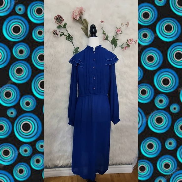 Vintage - Blue dress with prairie style mockneck - Picture 2 of 6